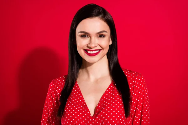 Photo of young fancy brunette lady wear red dress isolated on vivid color background — Stock Photo, Image