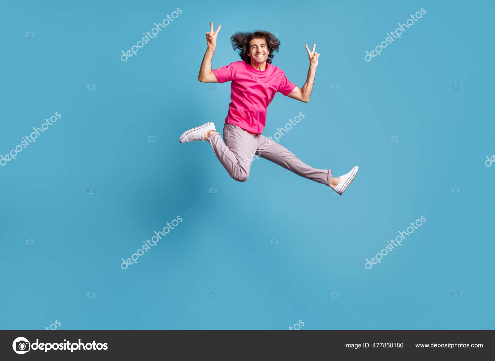 Full Length Body Size Side Profile Photo Jumping High Beautiful She Her  Lady Hands Arms Up Win Game Play Match Wearing Casual Jeans Denim White  Tshirt Clothes Isolated Yellow Bright Vivid Background