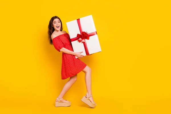 Full body profile portrait of astonished pretty lady hands hold large heavy giftbox isolated on yellow color background — Stock Photo, Image