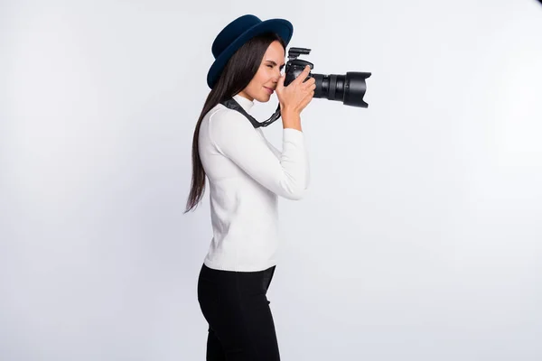 Profile side photo of charming nice young woman zawód journalist shooting isolated on grey color background — Zdjęcie stockowe