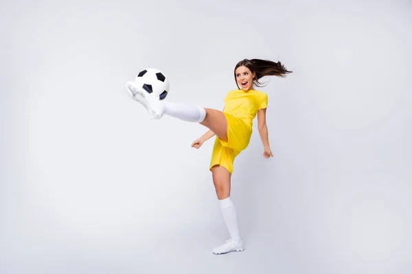 Full length body size view of nice attractive strong energetic crazy focused motivated straight-haired girl playing game having fun struggling isolated over light white gray pastel color background — Zdjęcie stockowe