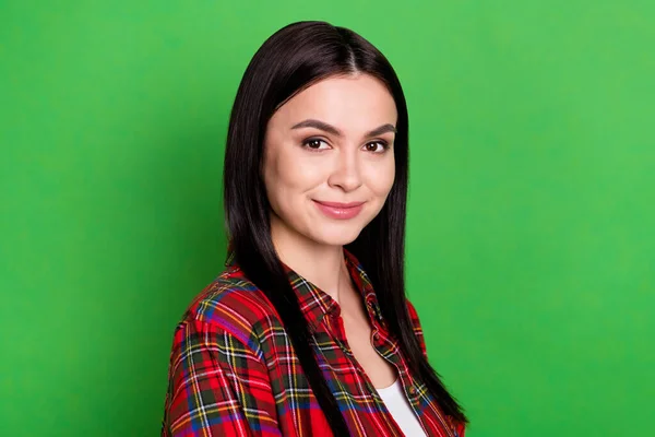 Profile photo of brunette millennial lady wear red shirt isolated on green color background — Stock Photo, Image
