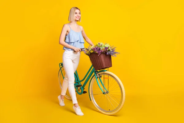 Profil całego ciała zdjęcie wesołych blond włosów pani jeździć na rowerze nosić top spodnie izolowane na żółtym tle — Zdjęcie stockowe