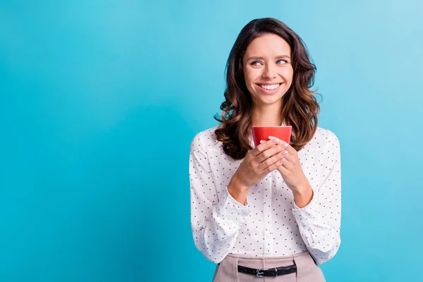 Retrato de chica morena optimista mantenga taza mirada espacio vacío desgaste camisa aislada sobre fondo de color verde azulado — Foto de Stock