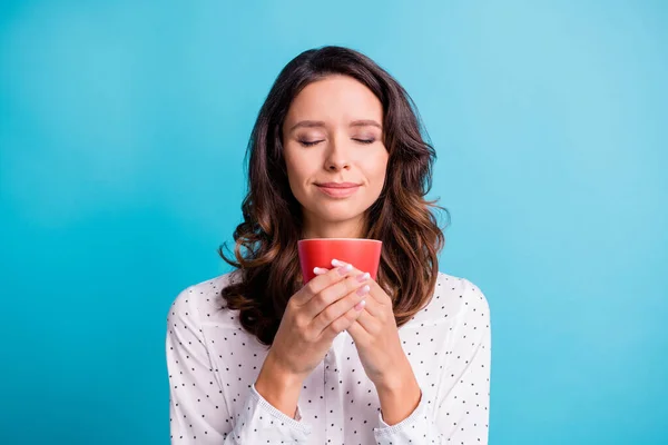 stock image Portrait of optimistic brunette girl smell cup of tea wear shirt isolated on teal color background