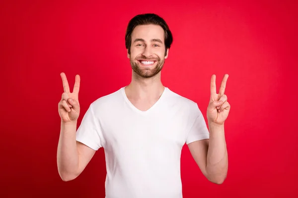 Zdjęcie śmieszne młody brązowy hairdo man show v-sign nosić biały t-shirt izolowany na żywe czerwone tło — Zdjęcie stockowe