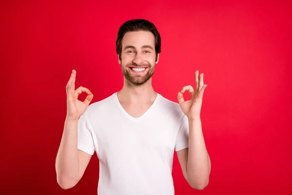 Φωτογραφία από ελκυστικό χαρούμενος άνθρωπος δείχνουν εντάξει σημάδια συστήσει προϊόν συμβουλές που απομονώνονται σε φόντο κόκκινο χρώμα — Φωτογραφία Αρχείου