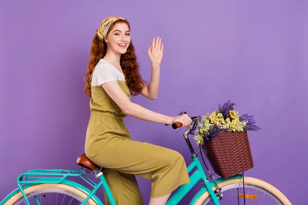 プロフィールサイドビューポートレートのかなり陽気な女の子ライディングサイクル手を振っこんにちは隔離された上に紫の色の背景 — ストック写真