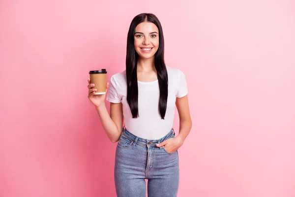 Portrait of attractive cheerful girl enjoying drinking tasty natural cacao take away isolated over pink pastel color background — Stock Photo, Image
