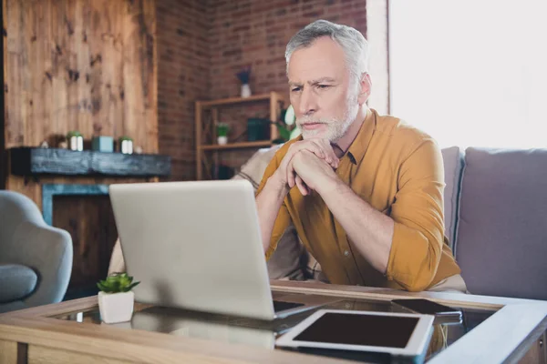 Portret van minded geconcentreerde man, zitten op de bank armen onder kin kijken gerichte laptop werken vanuit huis binnen — Stockfoto