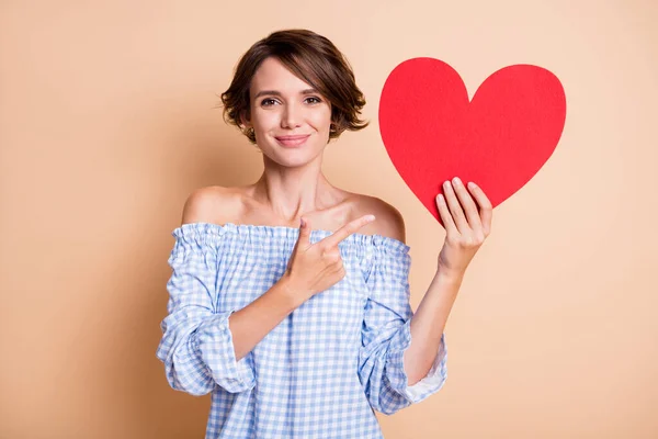 Foto retrato de mulher positiva apontando dedo em segurar grande cartão de coração vermelho em uma mão isolada em fundo de cor bege pastel — Fotografia de Stock