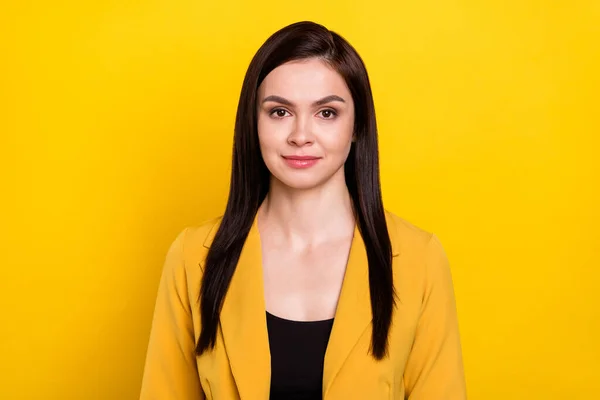 Photo of sweet charming young woman wear formal jacket smiling isolated yellow color background — Stock Photo, Image