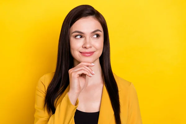 Photo of sweet young brunet lady look empty space wear yellow blazer isolated on vivid color background — Stock Photo, Image
