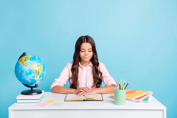 Foto de joven bastante sonriente centrada tranquila tranquila chica sentada escritorio leyendo haciendo tarea aislada sobre fondo de color azul — Foto de Stock