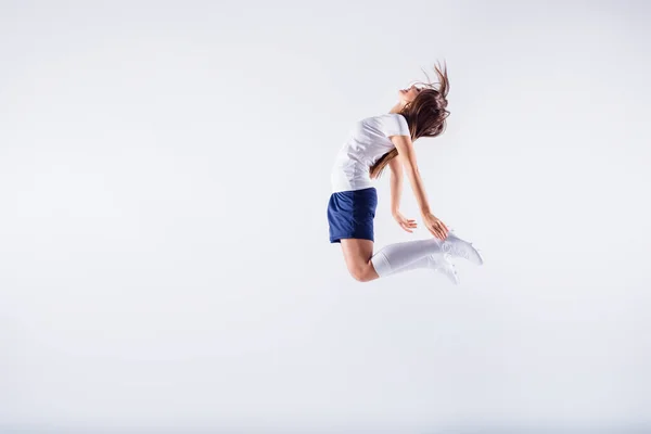 Longitud completa tamaño del cuerpo vista de bonito atractivo delgado delgado deportivo dedicado recta chica saltando divertirse 2020 concurso final aislado en blanco claro gris pastel color fondo — Foto de Stock