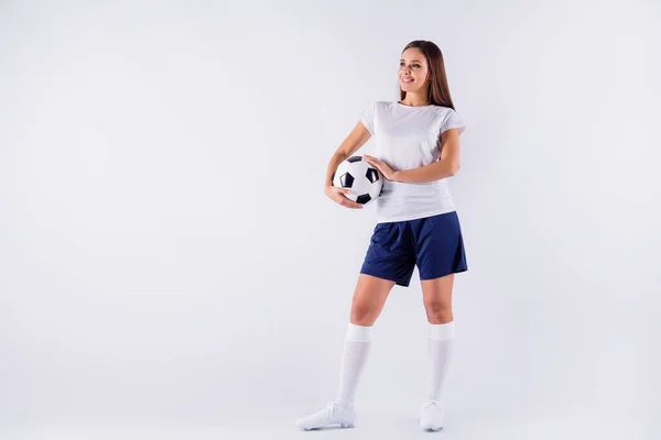 Full length body size view of her she nice-looking attractive lovely pretty slim cheerful cheerful straight-haired girl holding in hands ball isolated on light white gray pastel color background — стоковое фото