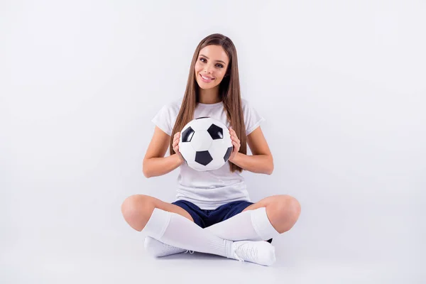 Portrait of her she nice attractive lovely sweet cute content cheerful straight-haired girl sitting in lotus pose position holding in hand ball isolated on light white gray pastel color background — Stock Photo, Image