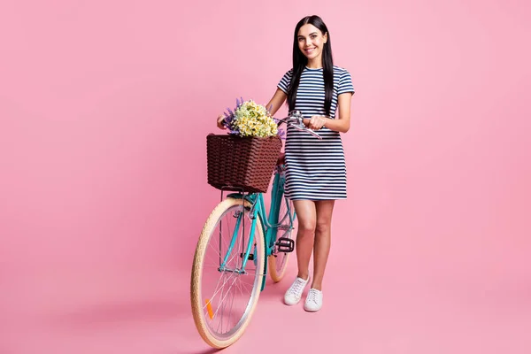 Comprimento total do corpo tamanho vista de encantadora menina esbelta alegre andando de bicicleta passando fim de semana isolado no fundo cor pastel rosa — Fotografia de Stock