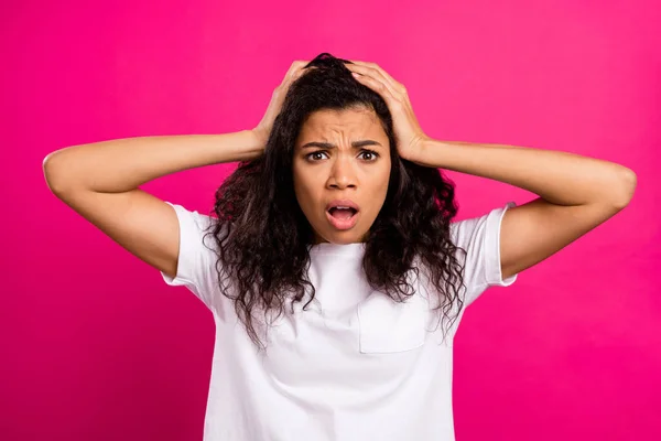 Portrait of attractive worried frightened girl sudden bad news reaction isolated over vivid pink fuchsia color background — Stock Photo, Image