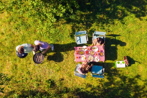 Alto por encima de ángulo ver a los hombres cocinar barbacoa al aire libre chicas beber cerveza tener conversación disfrutando de verano día soleado — Foto de Stock