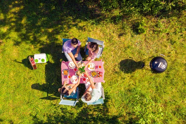 Alto ângulo ver amigos passar tempo livre no jardim cozinhar churrasco beber cerveja na mesa — Fotografia de Stock