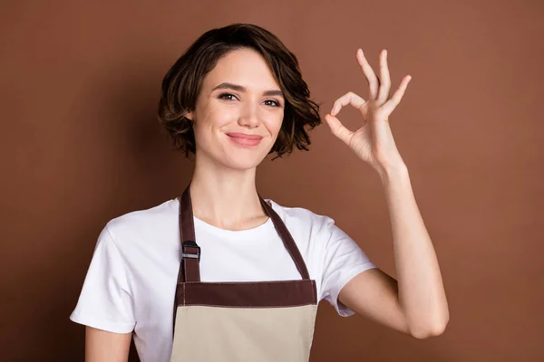 Foto de jovem sorridente alegre linda mulher barista mostrando gesto sinal ok isolado no fundo de cor marrom — Fotografia de Stock