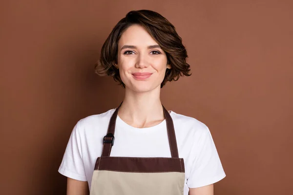Ritratto di attraente contenuto allegra ragazza indossa grembiule servizio clienti venditore isolato su sfondo di colore marrone — Foto Stock