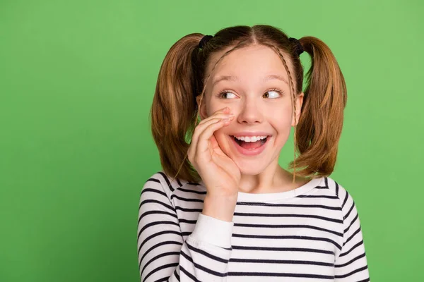 웃는 꼬리 머리작은 소녀의 사진 손볼 빈 공간에 줄무늬 스웨터를 입고 녹색 배경에 고립된 것처럼 보인다 — 스톡 사진