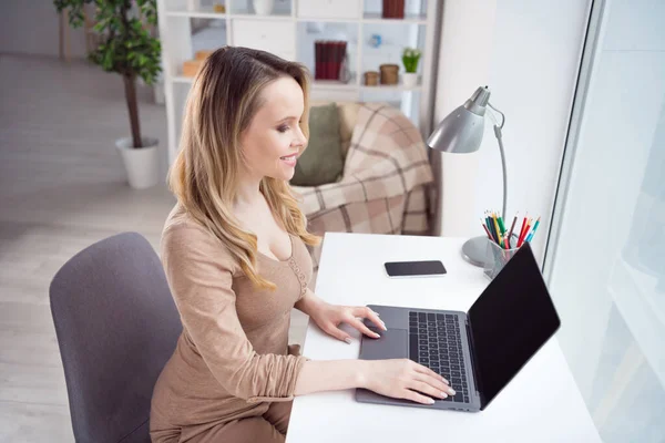 Photo of businesswoman lady sit desktop work laptop look screen wear beige shirt in comfortable room indoors — Foto de Stock