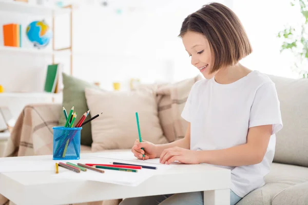 Perfil lateral foto de jovem alegre atraente menina feliz sorriso positivo sentar sofá desenhar pintar lápis coloridos dentro de casa — Fotografia de Stock