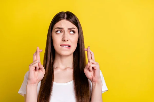 Foto van jong meisje nerveus bijten lippen tanden gekruiste vingers vragen smeken bidden wensen hoop geluk geïsoleerd over gele kleur achtergrond — Stockfoto