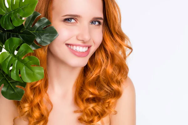 Foto retrato de menina bonita com cabelos vermelhos encaracolados com pele natural macia ideal sorrindo perto de folhas verdes planta isolada no fundo de cor branca — Fotografia de Stock