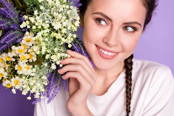 Foto recortada de niña alegre feliz sonrisa positiva mirar flores silvestres primavera aislado sobre fondo de color violeta — Foto de Stock