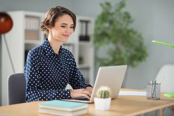 Portrait photo de femme d'affaires naviguant sur l'ordinateur portable dans le bureau portant chemise pointillée souriant — Photo