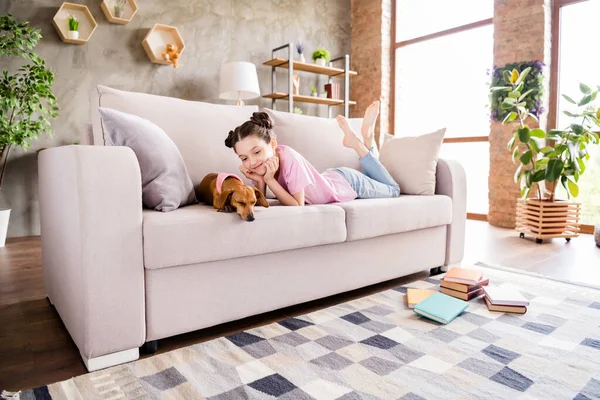 Foto von charmanten lustigen Schulmädchen tragen rosa T-Shirt liegen Sofa suchen Dackel Hund im Haus zu Hause Zimmer — Stockfoto