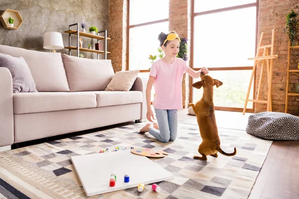 Portrait von attraktiven preteen Mädchen ruhen mit niedlichen Doggy Fütterung Spaß verbringen Freizeit in Licht Haus Wohnung drinnen — Stockfoto