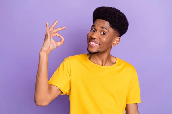 Porträtt av attraktiva glada cool kille visar ok-tecken gott humör trevlig annons isolerad över violett lila färg bakgrund — Stockfoto