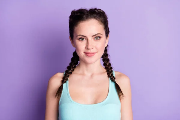 Photo of attractive charming young woman smile good mood wear singlet isolated on purple color background —  Fotos de Stock