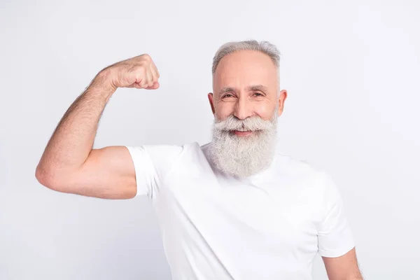 Photo of happy strong old grandfather good mood smile show biceps power isolated on grey color background — Foto de Stock