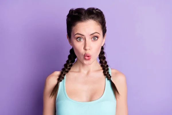 Portrait of attractive amazed funny girl wearing tanktop pout lips isolated over violet purple color background —  Fotos de Stock