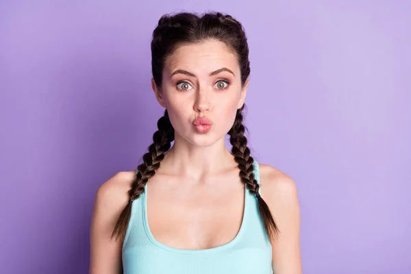 Portrait of nice funky attractive amorous girl sending air kiss isolated over violet purple color background — Photo