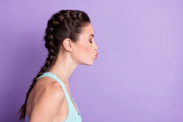 Profile photo of flirty brown hair lady kiss empty space wear blue top isolated on pastel purple color background —  Fotos de Stock