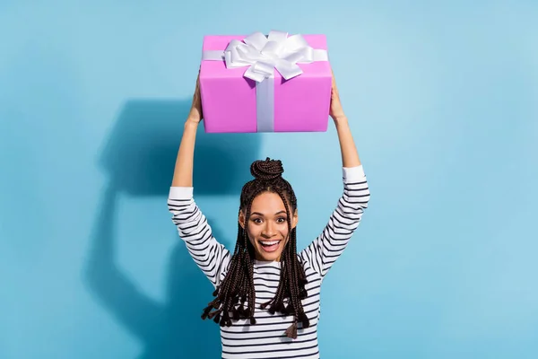 Photo portrait of girl with dreadlocks amazed happy keeping pink big present over head isolated pastel blue color background — Stok fotoğraf