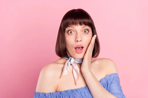 Photo of amazed shocked young happy woman hold hand cheek news sale isolated on pink color background — Foto Stock