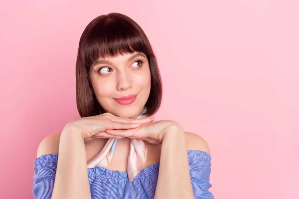 Photo of attractive adorable young woman dream think look empty space isolated on pink color background — Stok fotoğraf