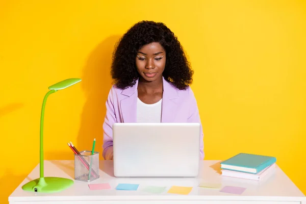 Foto von jungen schönen fokussierten afrikanischen Geschäftsfrau arbeitet in Laptop neues Projekt isoliert auf gelbem Hintergrund — Stockfoto