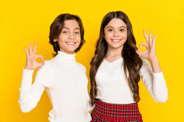 Foto retrato de crianças mostrando gesto ok sorrindo isolado em fundo de cor amarela vibrante — Fotografia de Stock