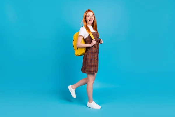 Comprimento total vista tamanho do corpo de menina nerd alegre atraente andando de volta para a escola se divertindo isolado sobre fundo de cor azul brilhante — Fotografia de Stock