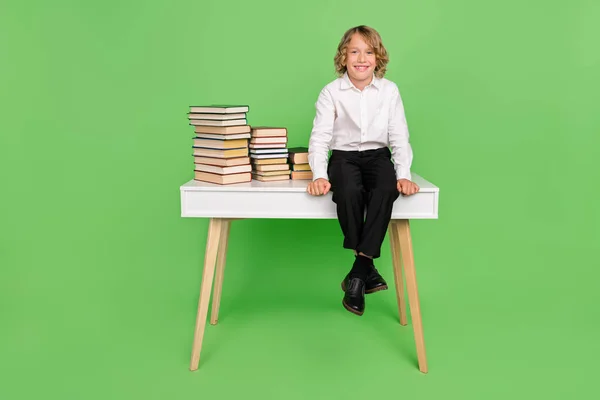 Lunghezza completa foto di piccolo ragazzo biondo sedersi con libro usura camicia pantaloni scarpe isolate su sfondo verde — Foto Stock