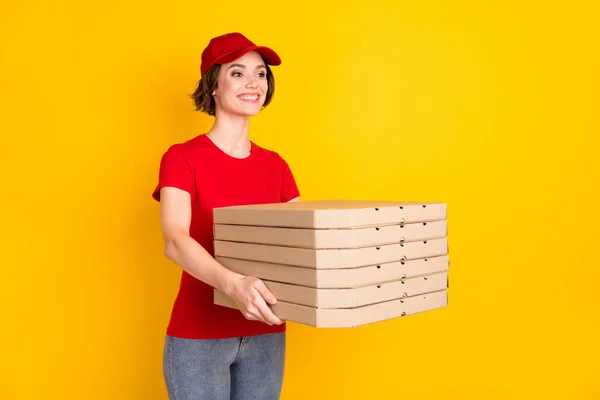 Photo portrait of female worker deliver gives order looking blank space isolated on bright yellow color background — Stok fotoğraf